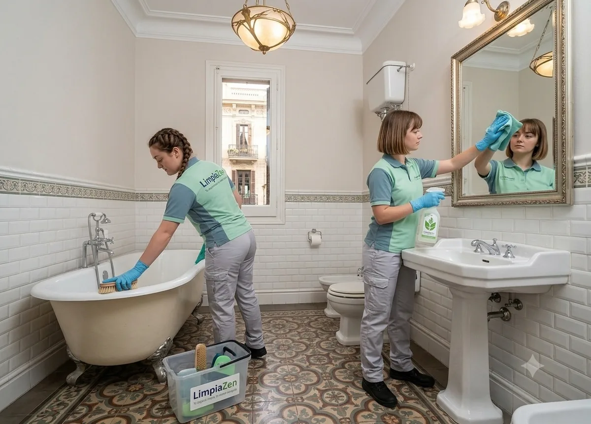 Equipo profesional limpiando bañera, espejo, lavabo y suelos de un baño en Barcelona